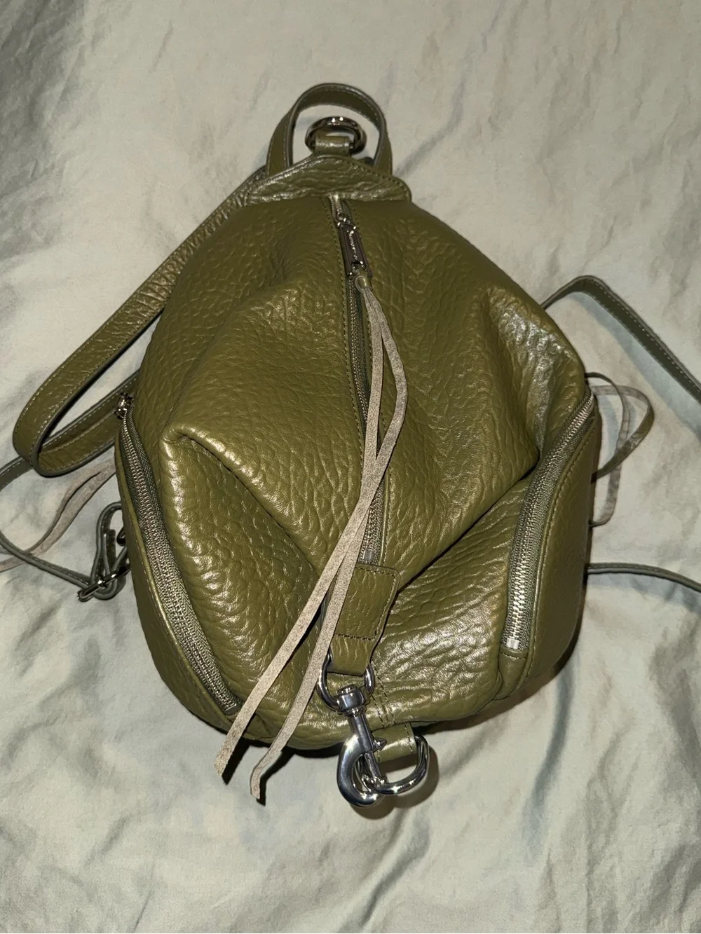 rebecca minkoff mini olive green julian pebbled leather backpack